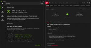 Side-by-side comparison of NVIDIA Game Ready Driver and AMD Adrenalin Software driver update interfaces showing GPU driver release notes and update features
