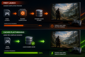 Illustration comparing first-time shader compilation with cached shader loading, showing how cached playthroughs reduce stuttering and improve game performance