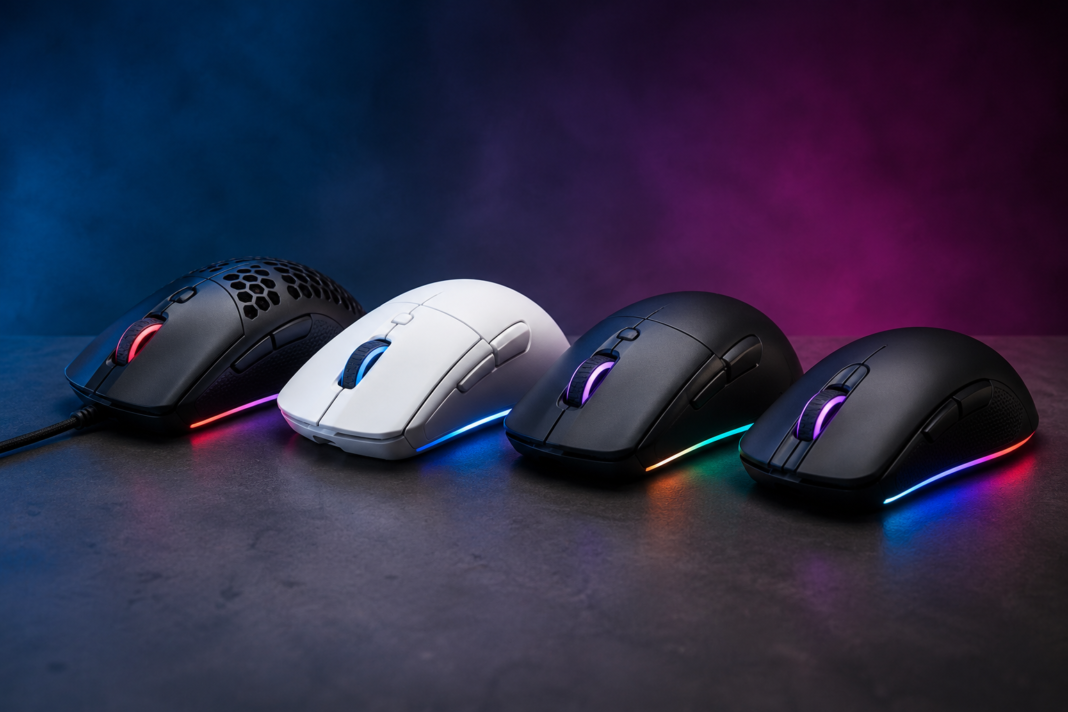Four of the best gaming mouse 2026 picks lined up with RGB lighting, including honeycomb, white, and matte black designs