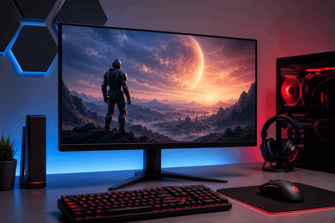 Best budget gaming monitor displayed in a modern RGB gaming setup with a widescreen display, gaming keyboard, mouse, and desktop PC for immersive PC gaming.