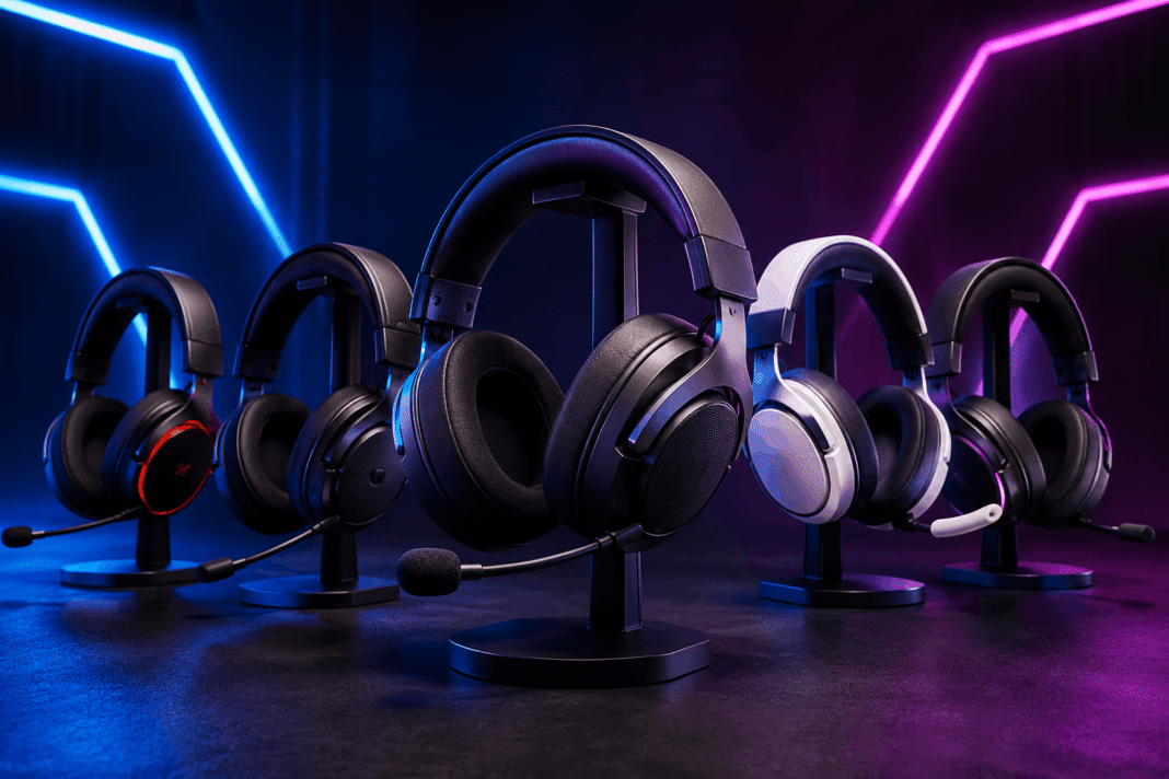 Best gaming headsets 2026 displayed in a modern RGB gaming setup with wireless and wired over-ear headphones featuring cushioned ear cups and boom microphones on a clean dark background.