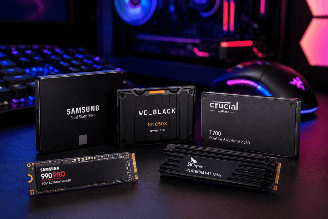 Best SSD for gaming featuring high-speed NVMe M.2 and SATA solid-state drives displayed in a modern RGB gaming PC setup with a clean, performance-focused workspace.