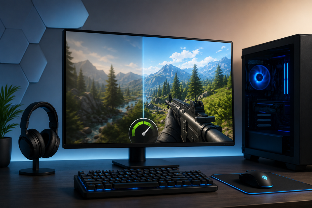 Modern gaming PC setup with a high-refresh-rate monitor, RGB keyboard, gaming mouse, and desktop computer representing Windows gaming performance optimization and increased FPS.