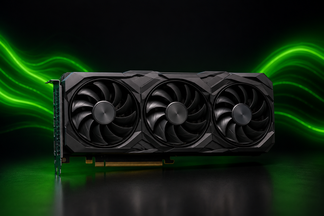 High-performance gaming GPU centered on a dark background with glowing green energy effects, representing regular graphics driver updates for improved gaming performance