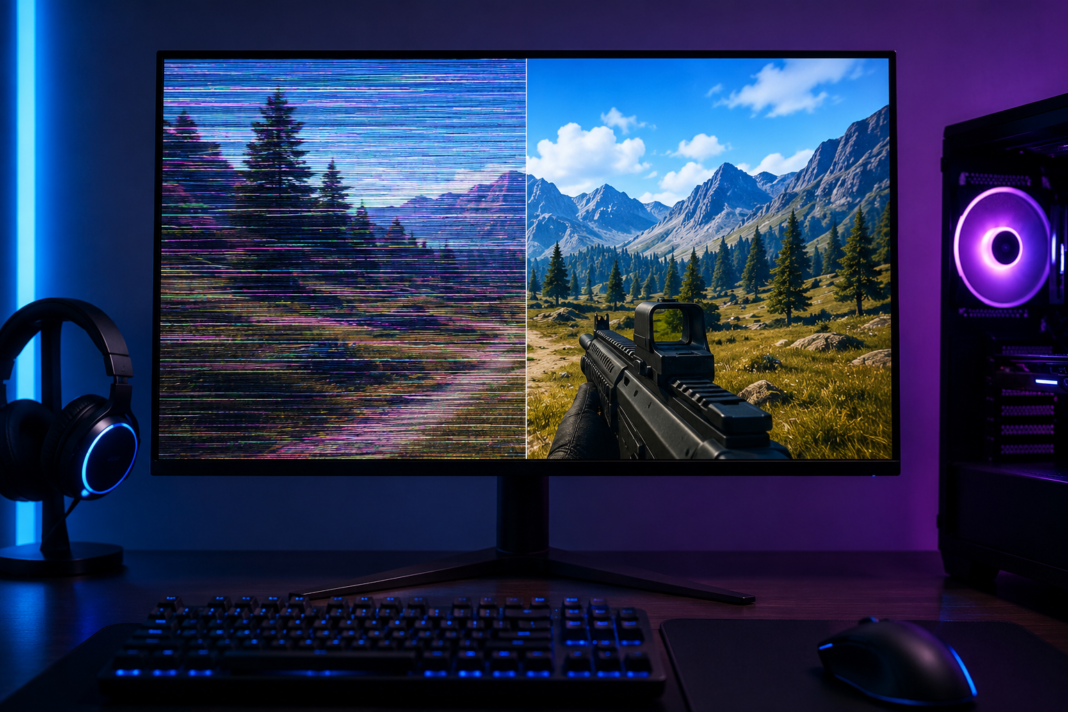 Monitor flickering while gaming on a desktop PC with a glitching display beside a smooth gameplay screen in a modern RGB gaming setup.