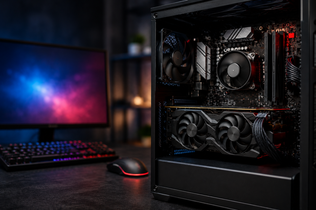 What Is a CPU Bottleneck? Concept image showing an open gaming PC with visible CPU cooler, graphics card, and internal components on a clean desktop setup with a blurred monitor in the background.